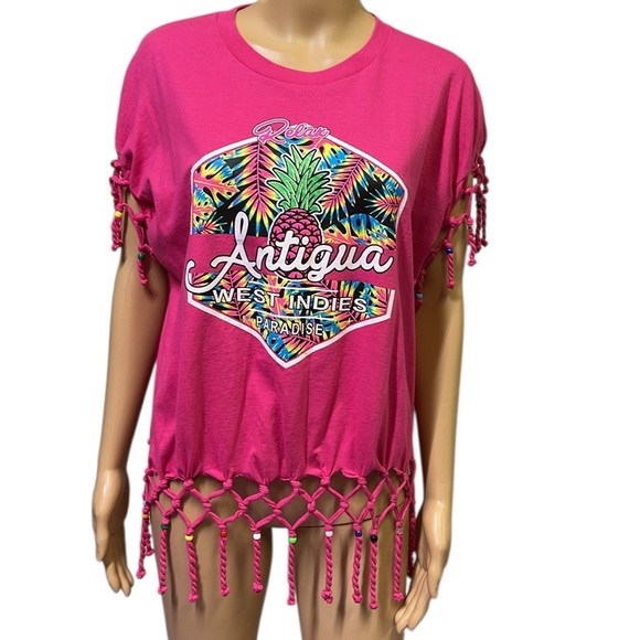 Vintage Tops - Antigua West Indies Beaded Fringed Pink Caribbean Pink Graphic Tee Womens XL